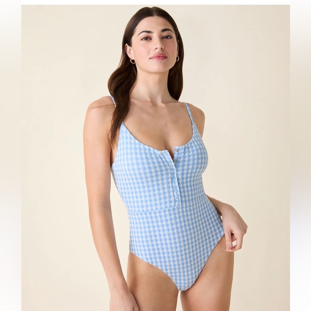 Andie Light Blue Gingham One-Piece Swimsuit - Picture 3 of 10